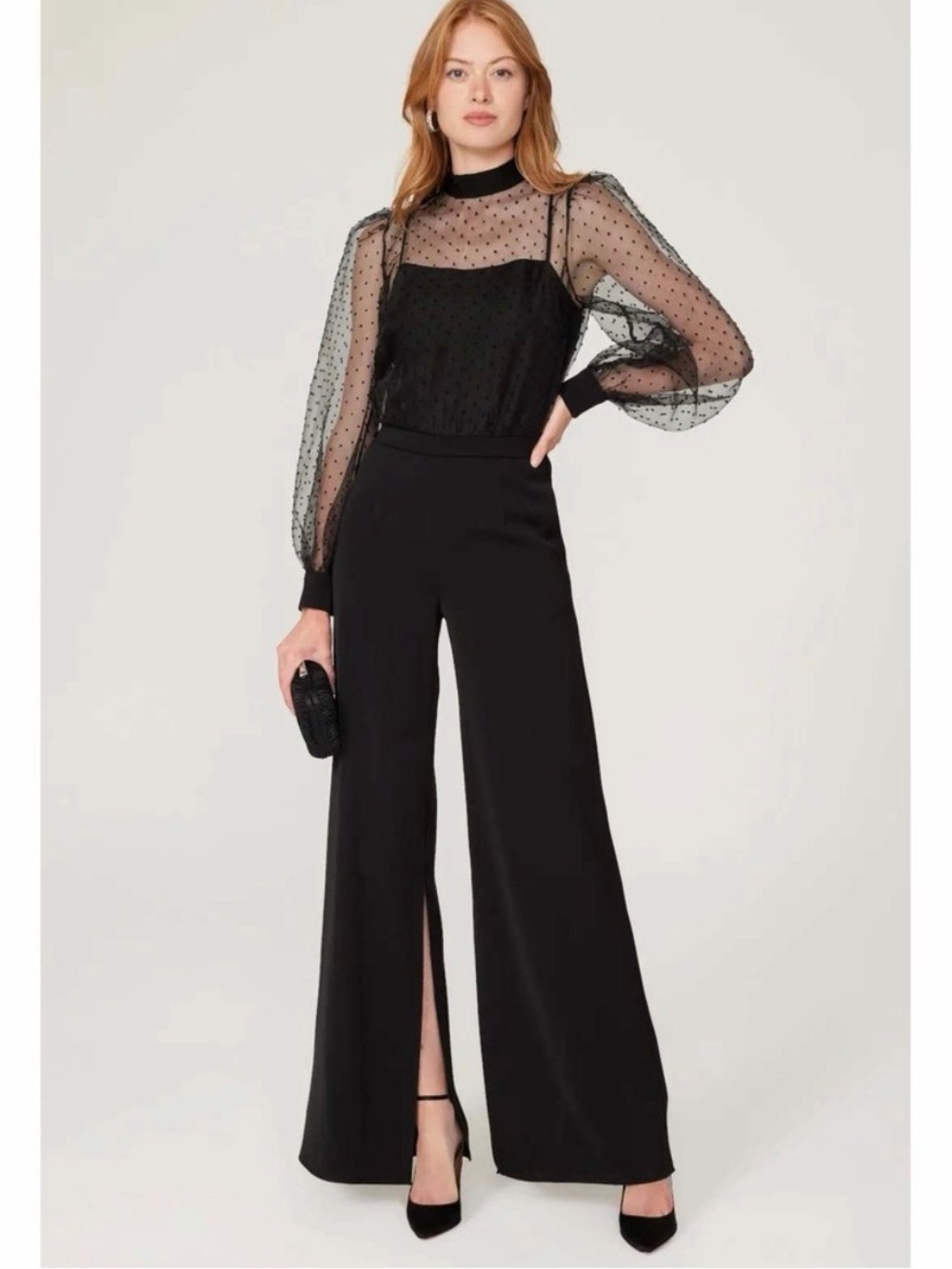 Black Halo Rosalie Sheer Swiss Dot Wide Leg Jumpsuit | Size 12